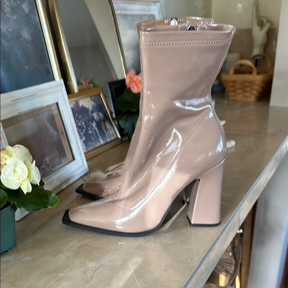 Elegant Nude Patent Leather Ankle Boots